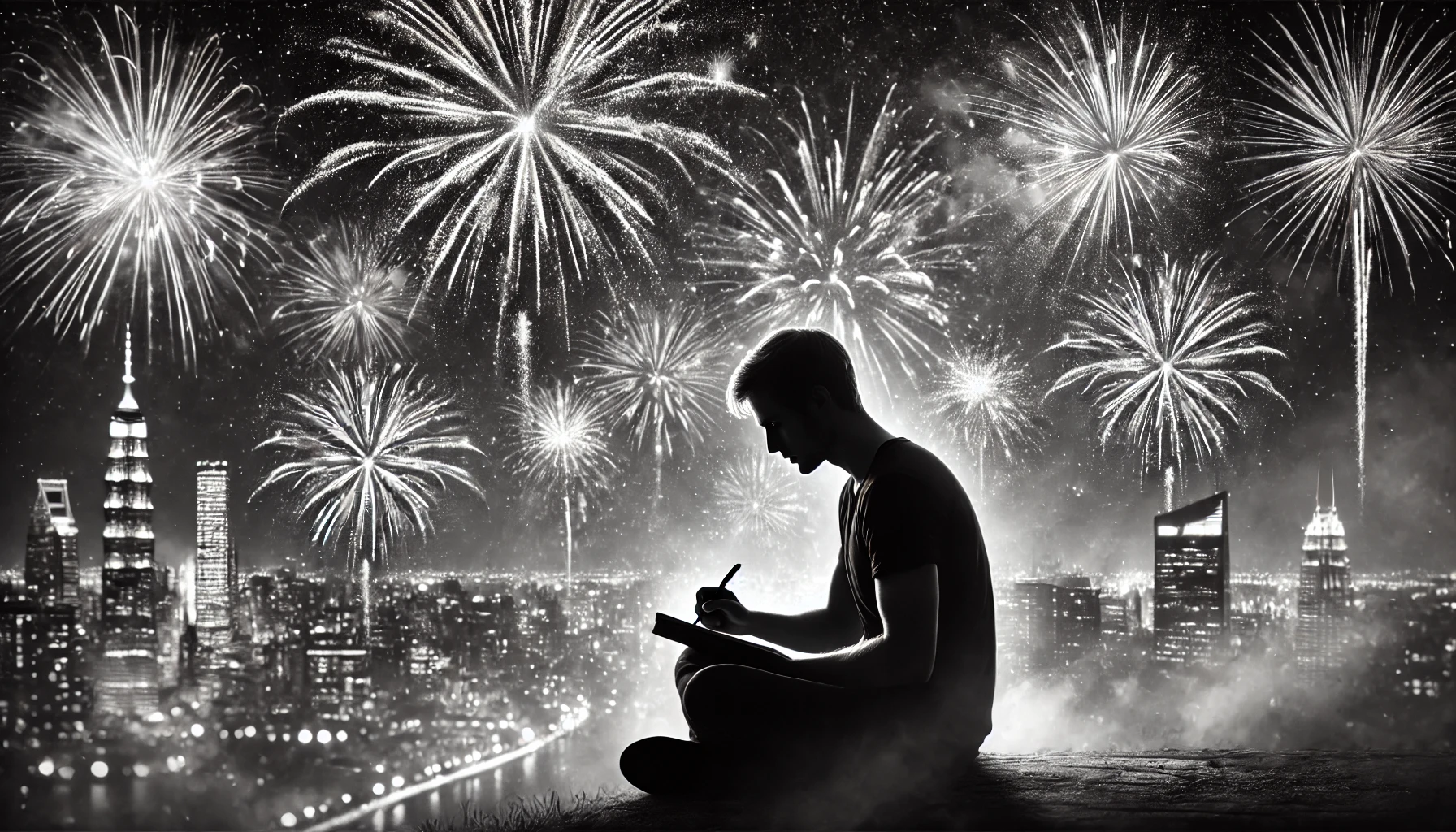 New Years fireworks with a young man writing something in a notebook